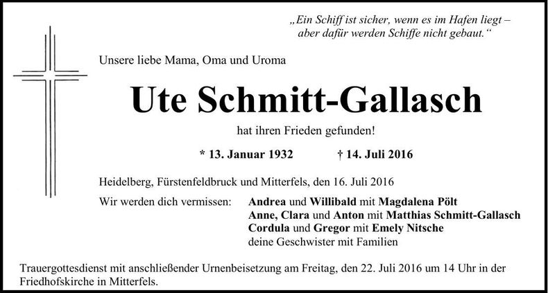 Traueranzeige Ute Schmitt-Gallasch