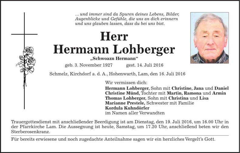 Traueranzeige Hermann Lohberger