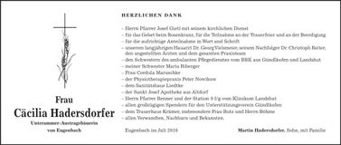 Traueranzeige Cäcilia Hadersdorfer