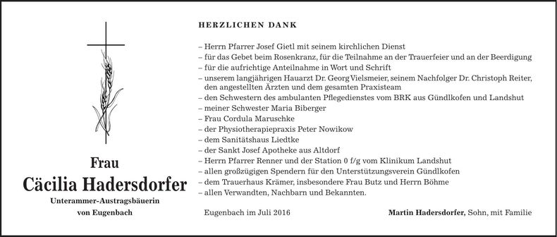 Traueranzeige Cäcilia Hadersdorfer