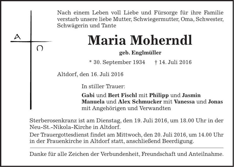 Traueranzeige Maria Moherndl