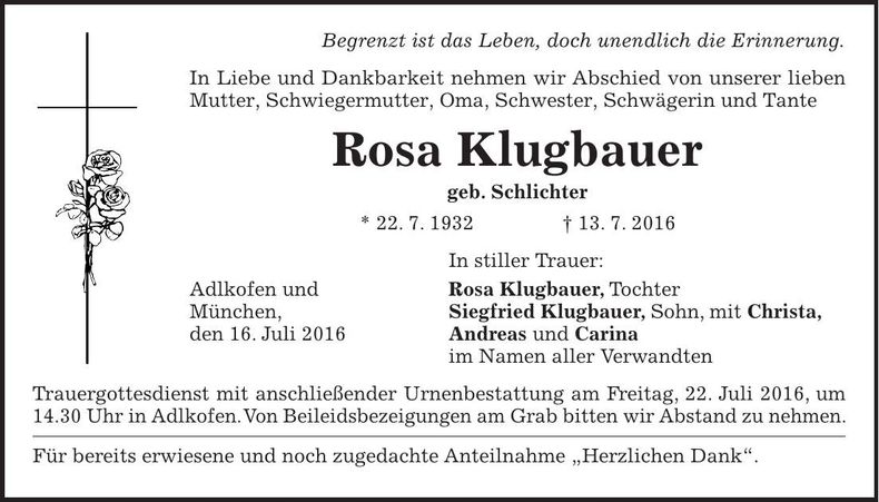 Traueranzeige Rosa Klugbauer