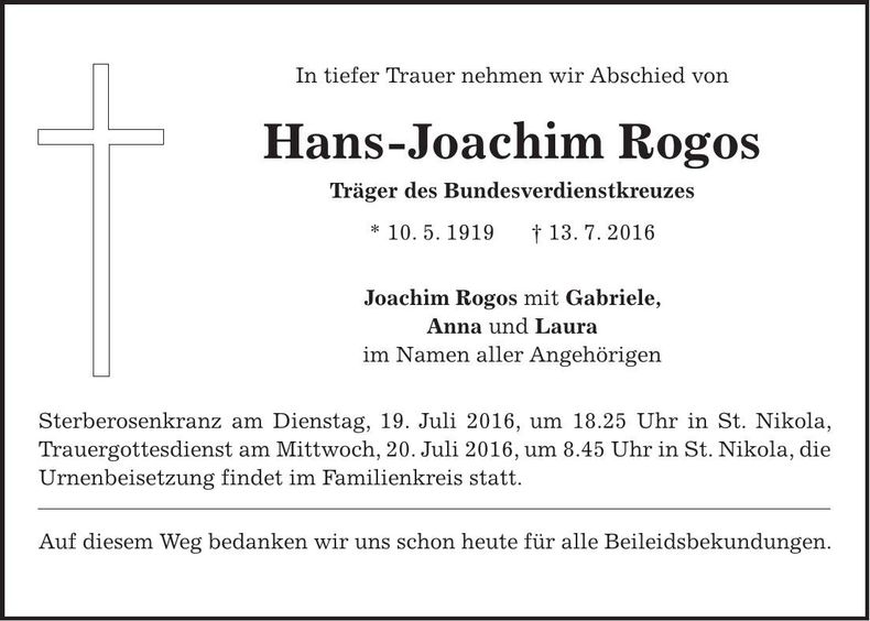 Traueranzeige Hans-Joachim Rogos