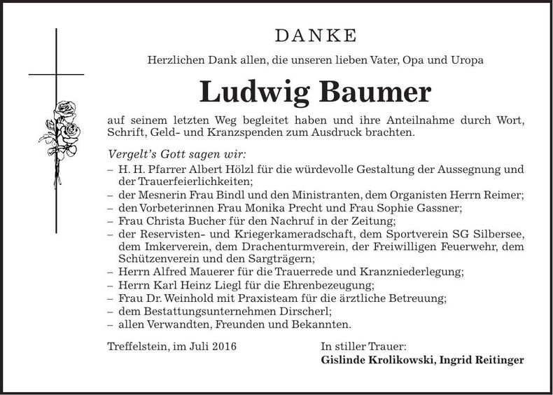 Traueranzeige Ludwig Baumer