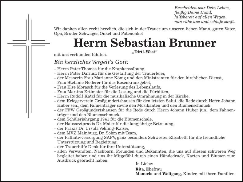Traueranzeige Sebastian Brunner