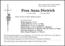Traueranzeige Anna Dietrich