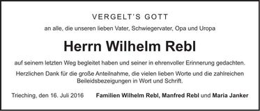 Traueranzeige Wilhelm Rebl