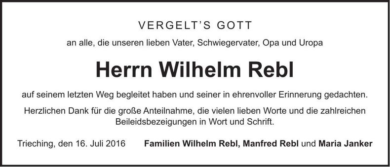 Traueranzeige Wilhelm Rebl