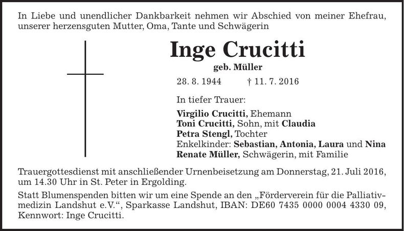 Traueranzeige Inge Crucitti