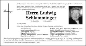 Traueranzeige Ludwig Schlamminger