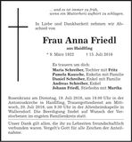 Traueranzeige Anna Friedl