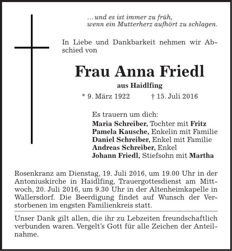 Traueranzeige Anna Friedl