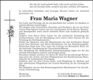 Traueranzeige Maria Wagner