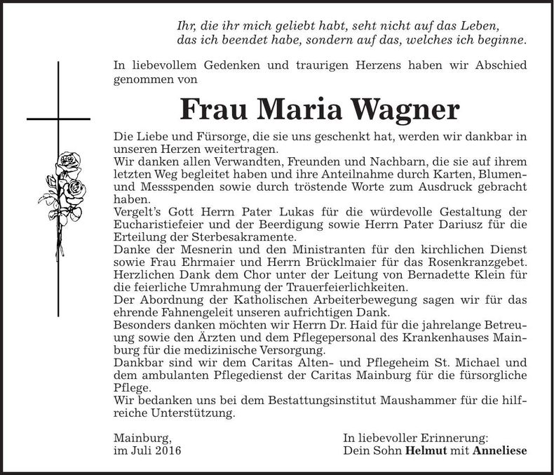 Traueranzeige Maria Wagner