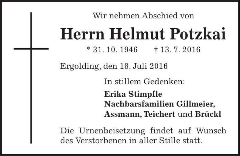 Traueranzeige Helmut Potzkai