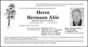 Traueranzeige Hermann Able