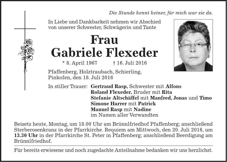 Traueranzeige Gabriele Flexeder