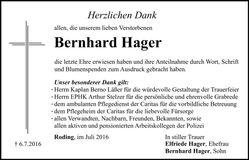 Traueranzeige Bernhard Hager