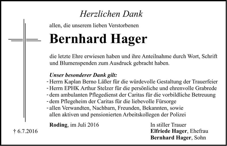 Traueranzeige Bernhard Hager