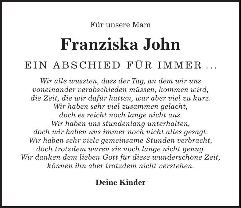 Traueranzeige Franziska John