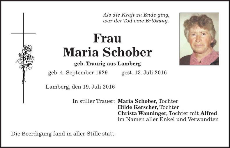 Traueranzeige Maria Schober