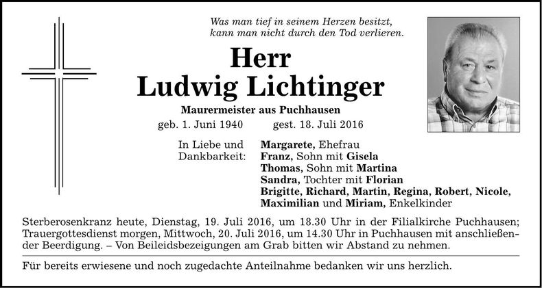 Traueranzeige Ludwig Lichtinger