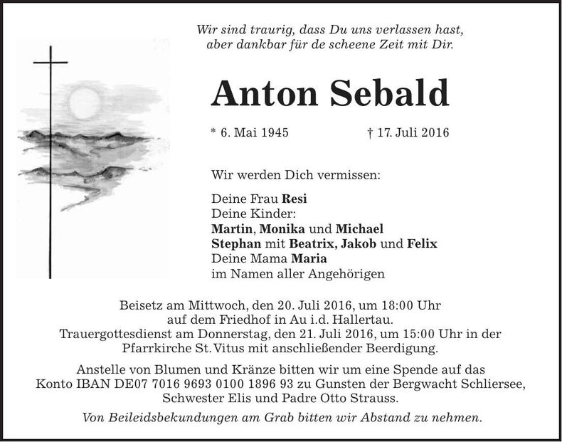 Traueranzeige Anton Sebald