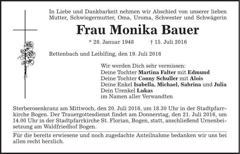 Traueranzeige Monika Bauer