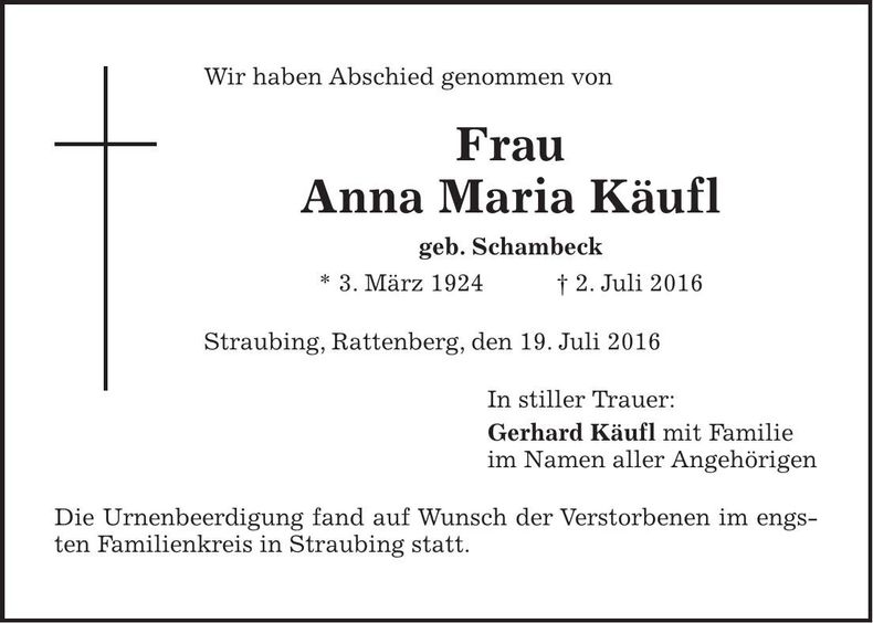 Traueranzeige Anna Maria Käufl