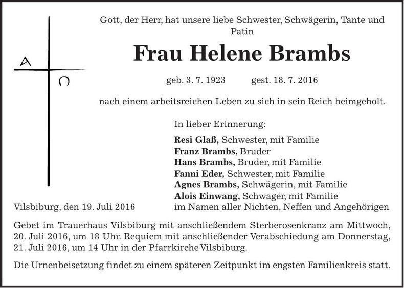 Traueranzeige Helene Brambs