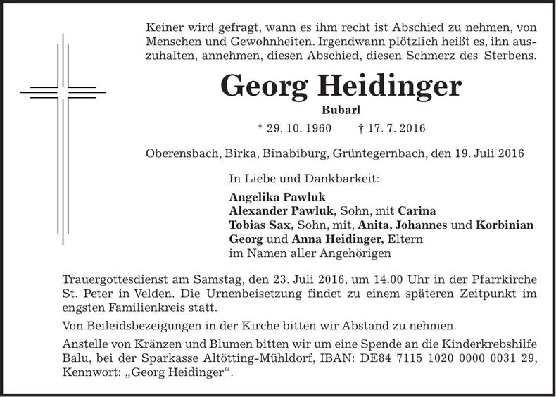 Traueranzeige Georg Heidinger
