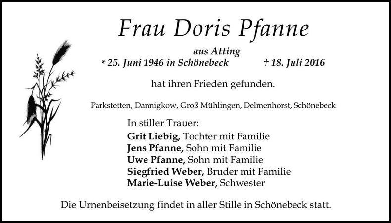 Traueranzeige Doris Pfanne