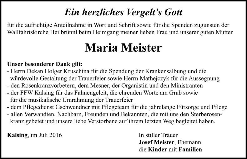 Traueranzeige Maria Meister
