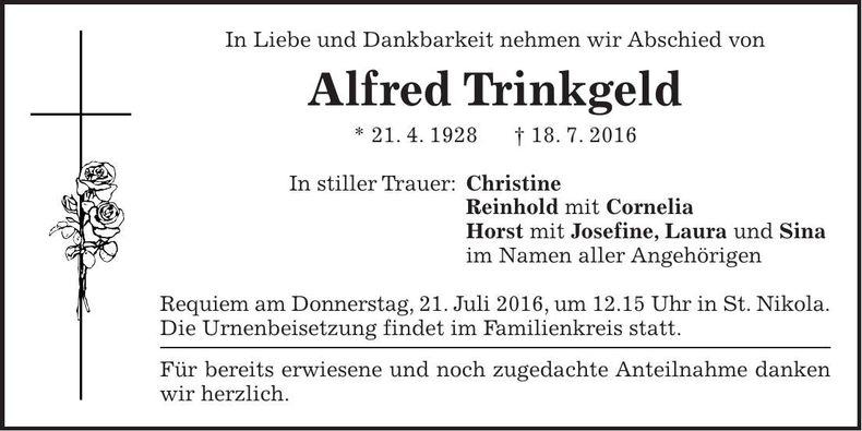 Traueranzeige Alfred Trinkgeld