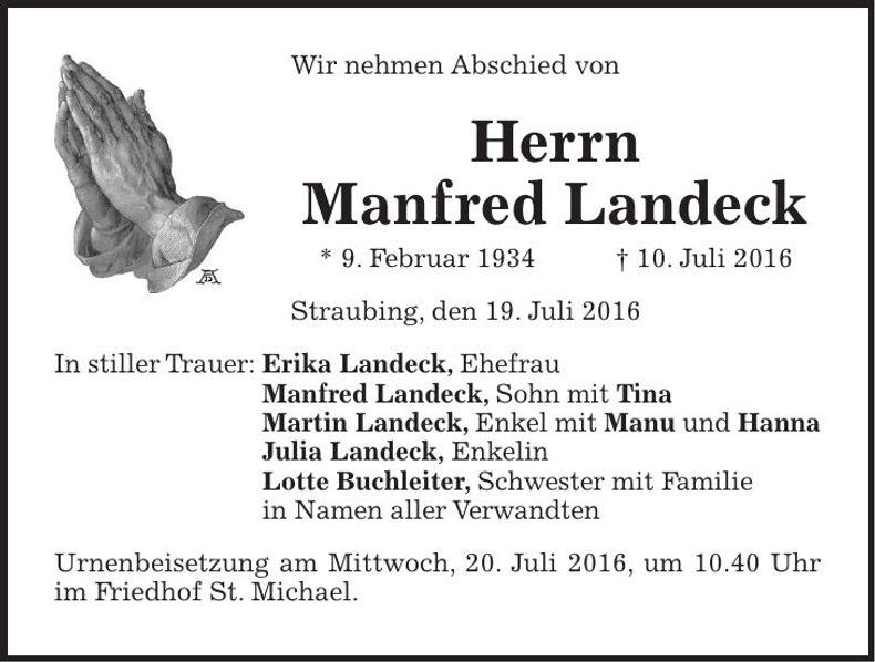 Traueranzeige Manfred Landeck