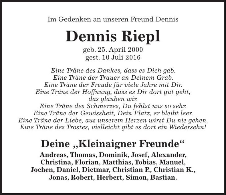 Traueranzeige Dennis Riepl
