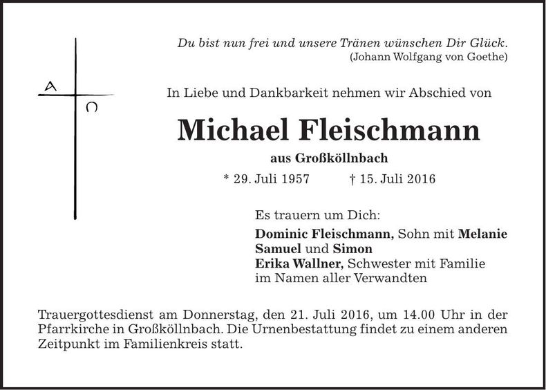 Traueranzeige Michael Fleischmann