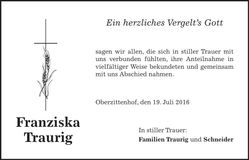 Traueranzeige Franziska Traurig