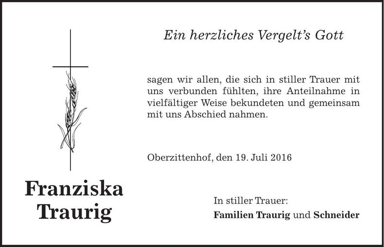Traueranzeige Franziska Traurig