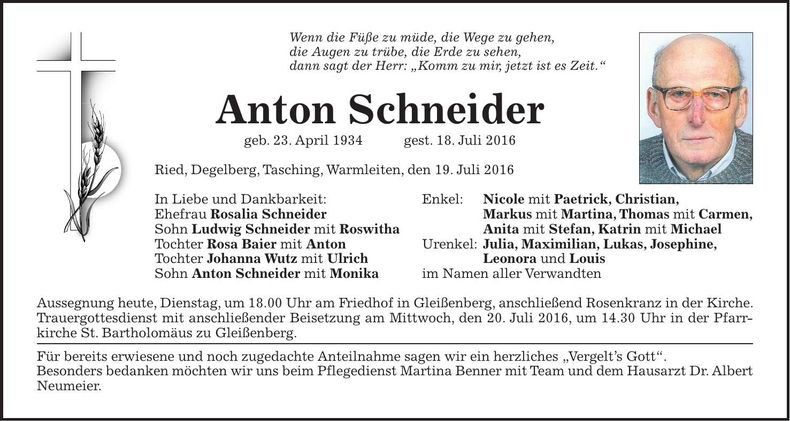 Traueranzeige Anton Schneider