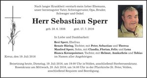 Traueranzeige Sebastian Sperr