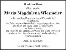 Traueranzeige Maria Magdalena Wiesmeier