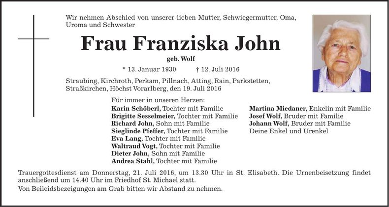 Traueranzeige Franziska John