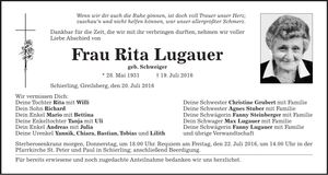 Traueranzeige Rita Lugauer