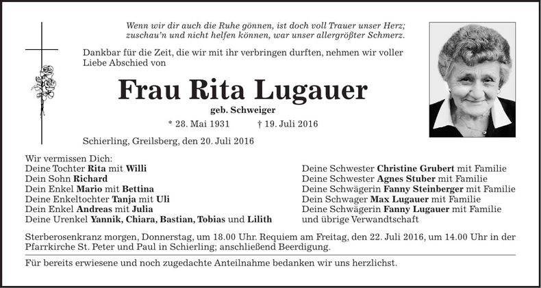 Traueranzeige Rita Lugauer