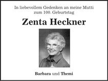 Traueranzeige Zenta Heckner