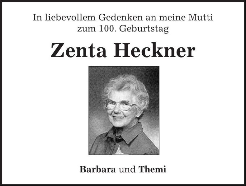 Traueranzeige Zenta Heckner