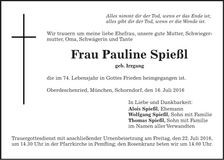 Traueranzeige Pauline Spießl