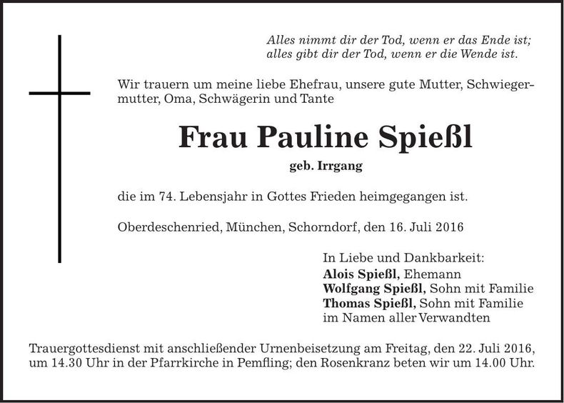 Traueranzeige Pauline Spießl