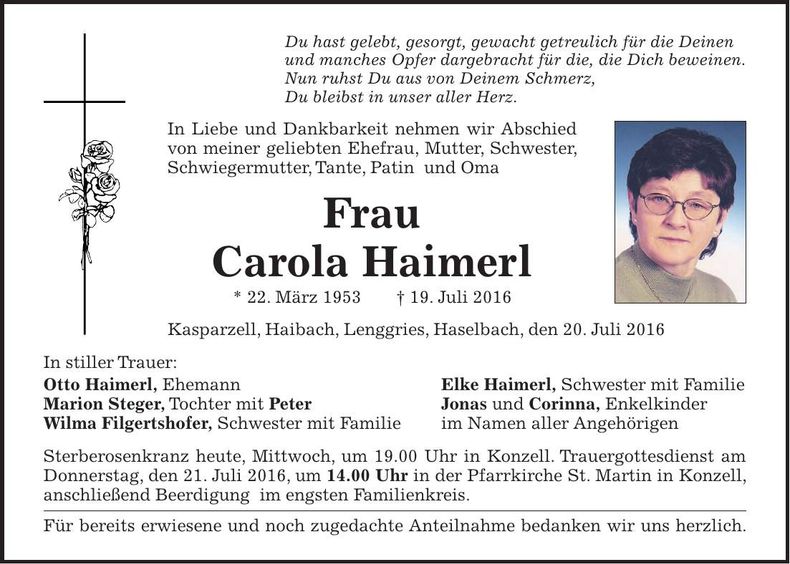Traueranzeige Carola Haimerl